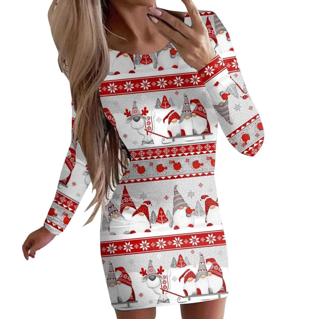 Women's tight-fitting Christmas long sleeve dress with floral animal print, round neck, and short hip skirt.