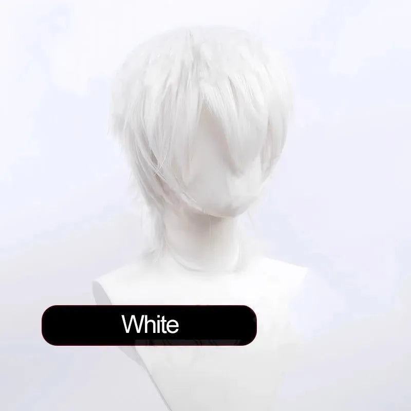 Short black and blue anime cosplay wig for men on a stand