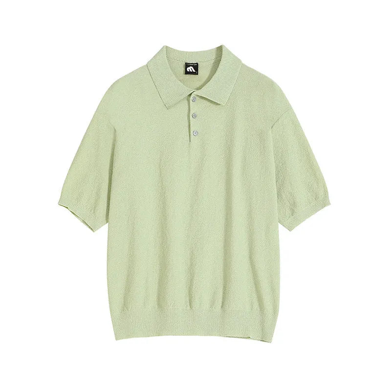 Men's knitted polo shirt short sleeve in caramel colour with asymmetric detailing and loose fit design