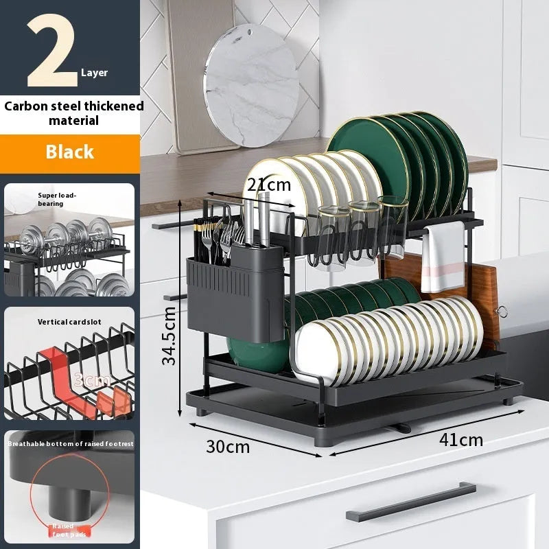 White double-layer removable wire kitchen storage rack with two baskets on a countertop