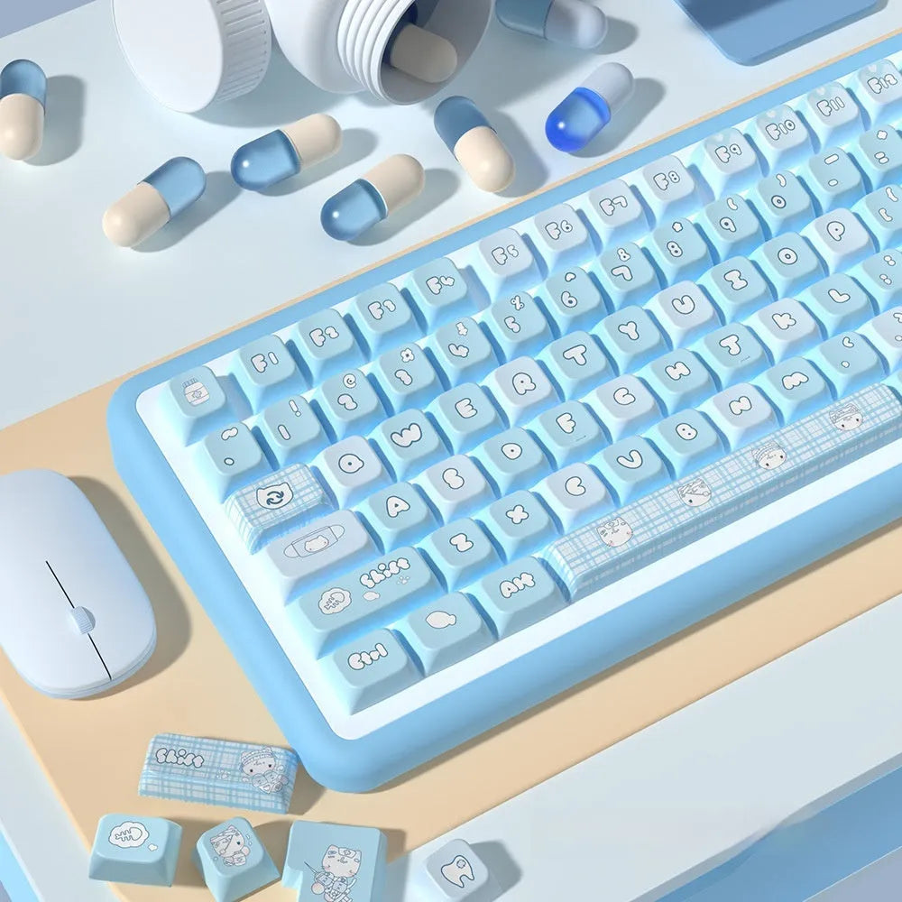 Watercolour cat themed PBT keyboard keycaps set with 138 or 158 keys for mechanical keyboards.