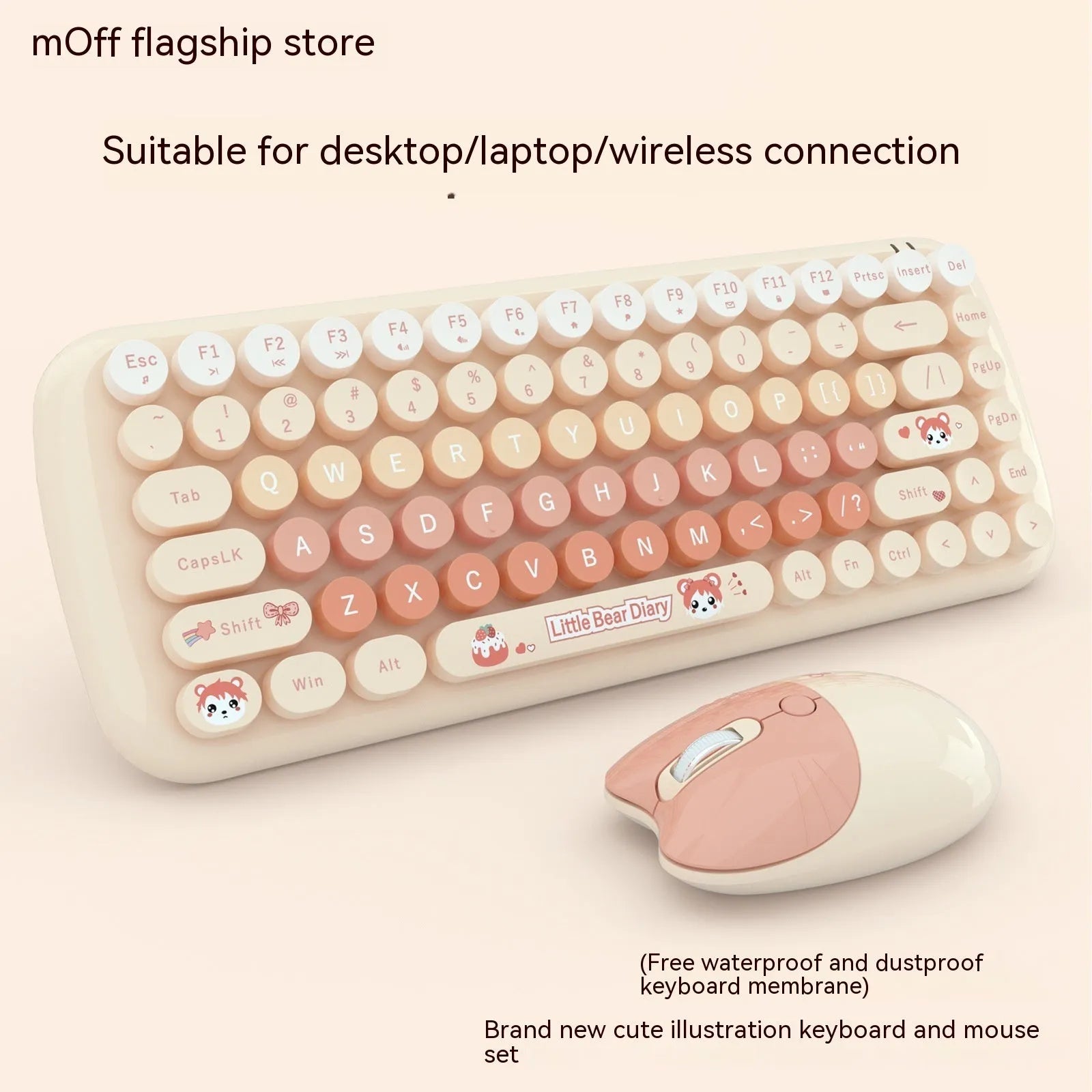 Pink cartoon wireless keyboard and mouse set with compact design for notebook and home office use