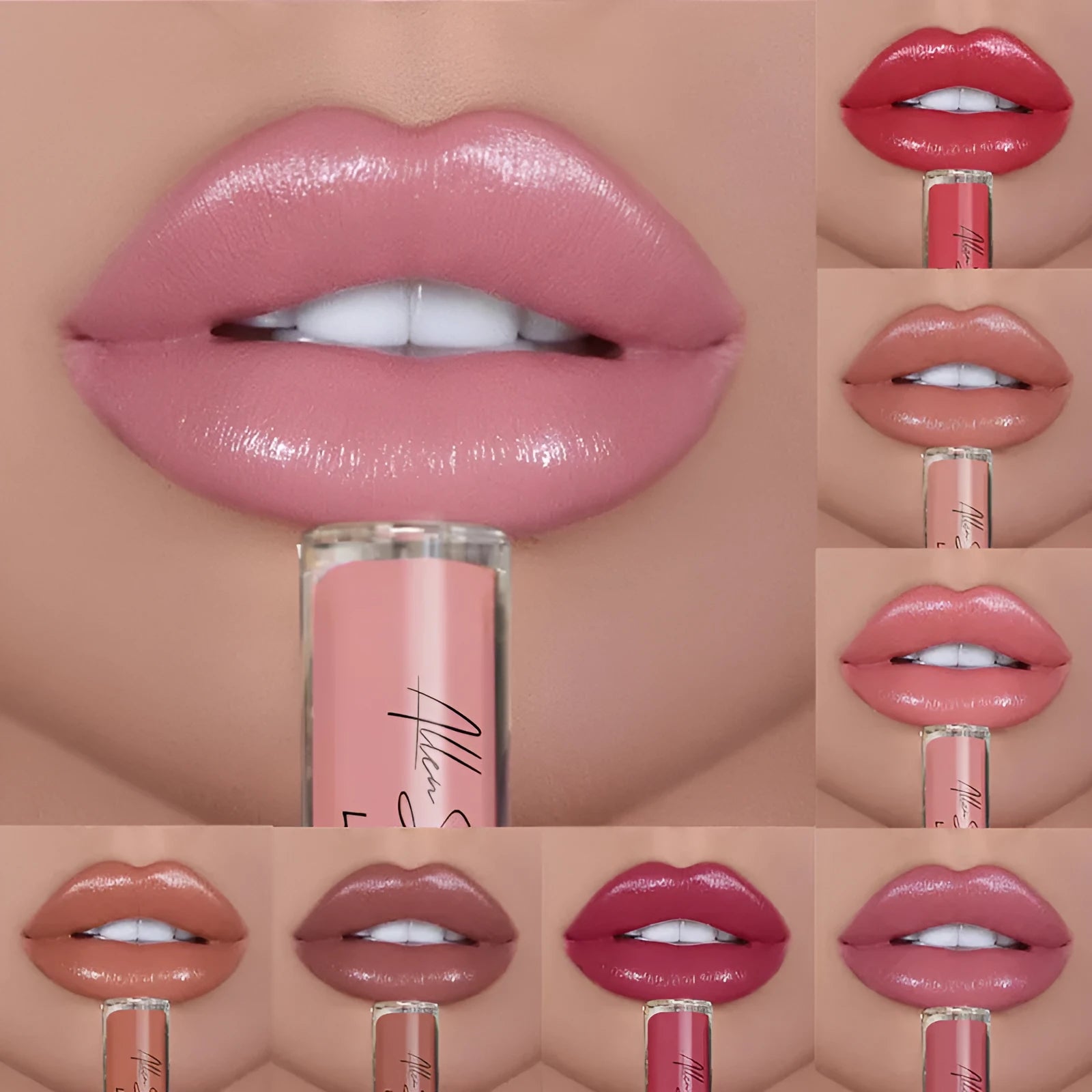 Silky cream texture lip gloss tube in various colour options including a 12-piece set.