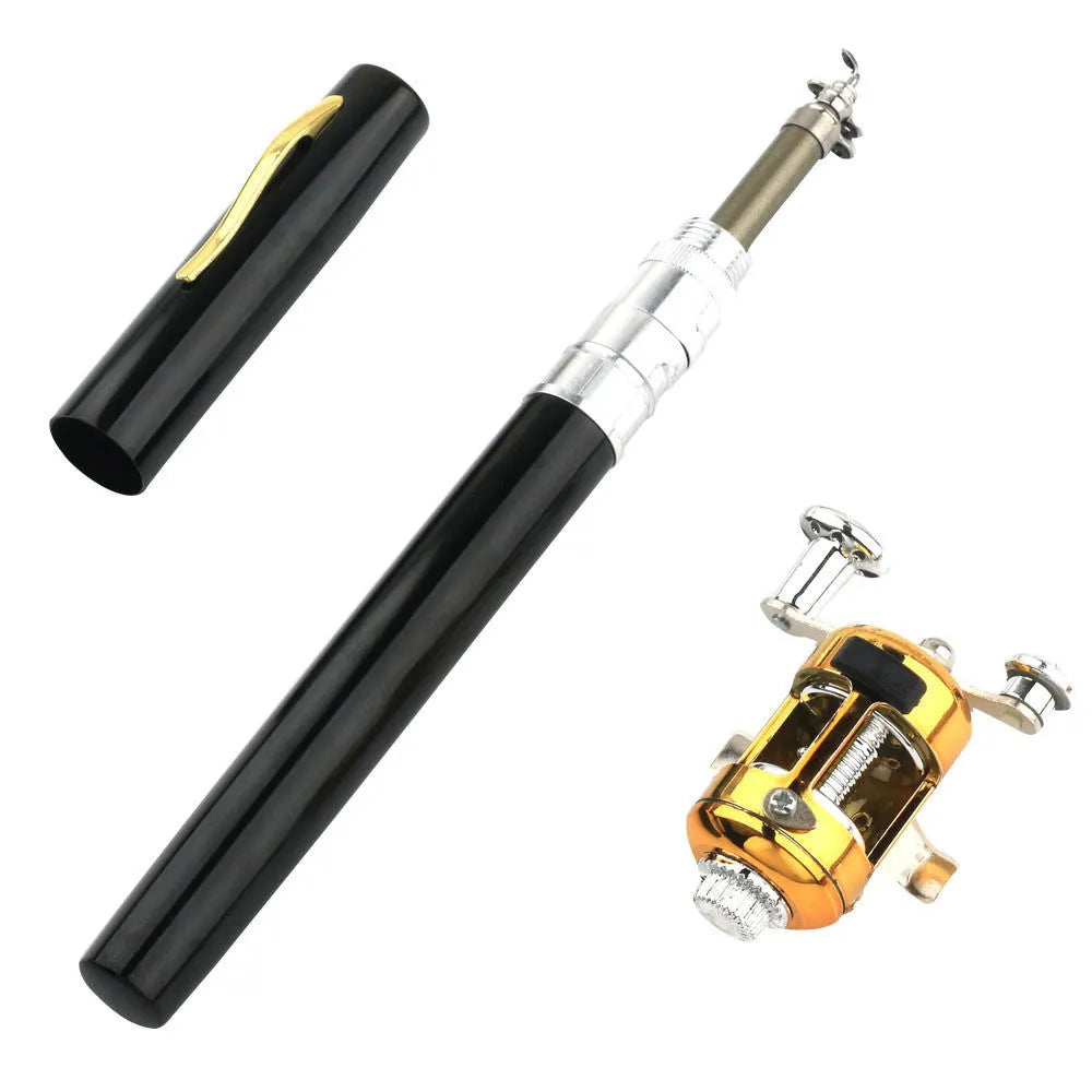 Gold telescopic pocket fishing rod extended to 1m next to its 20.5cm collapsed form and ST5RL spinning reel.