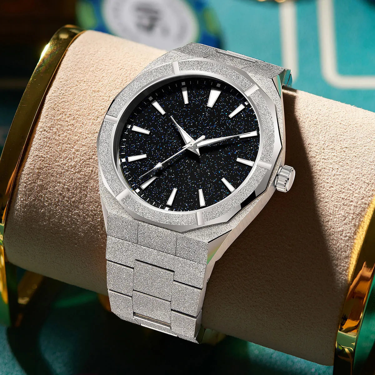 Men's stainless steel business watch with frosted case and luminous markers in black, gold, and silver colour options.