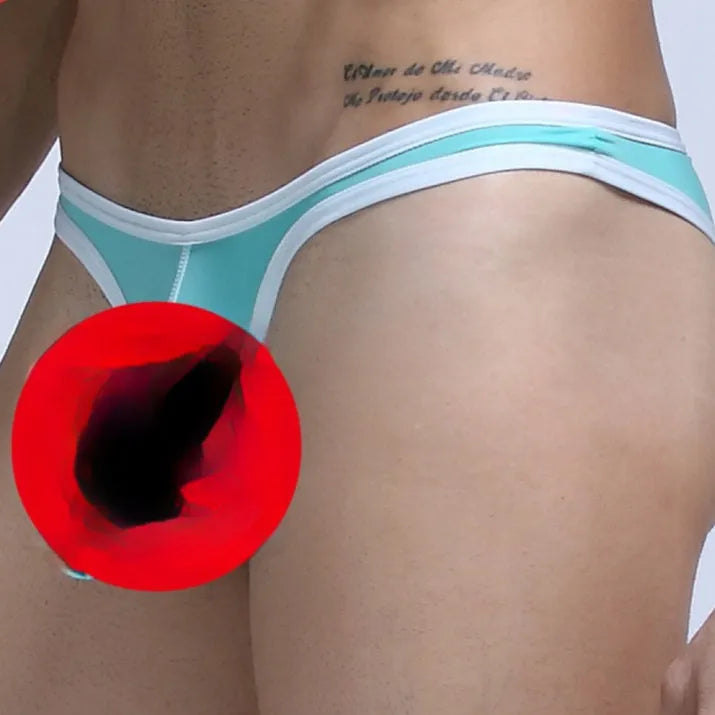 Men's ice silk briefs with elephant trunk pouch in seven colour options showing size tags