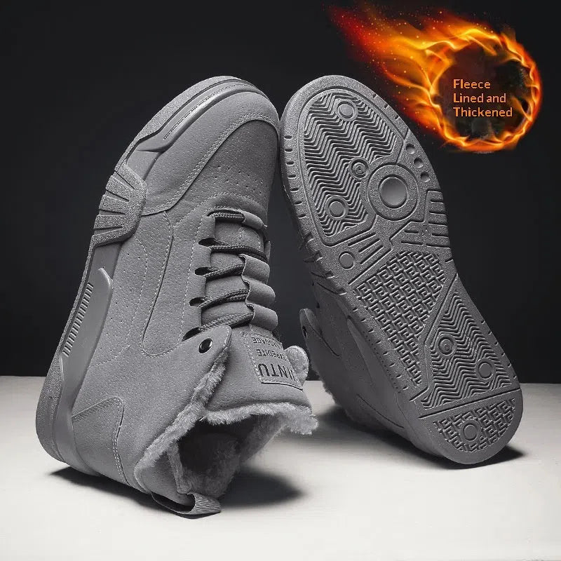 Men's suede winter snow boots with flat heel in black, grey or beige, sizes 39-44