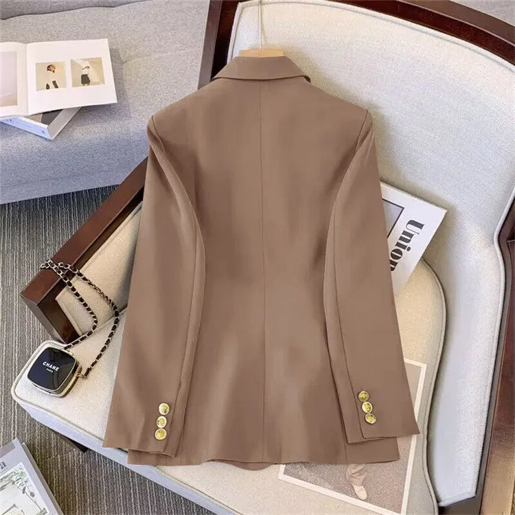 Women's loose-fit long sleeve polyester blouse in khaki, shown on a mannequin.