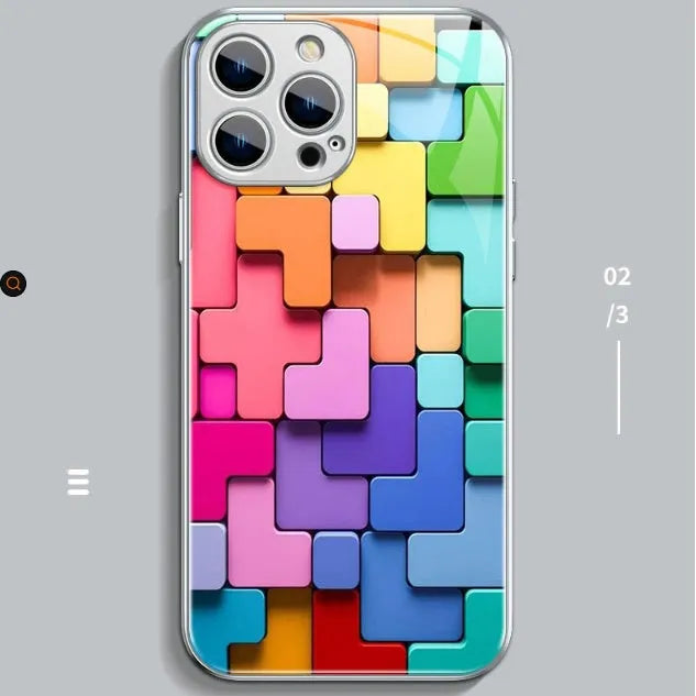 Silicone iPhone case with a raised cartoon geometric pattern on the back in a glass-effect colour.