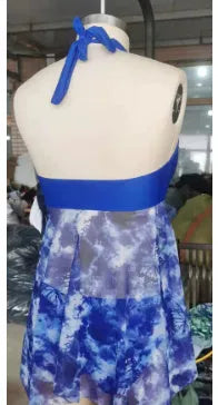 Blue women's European and American style bikini swimsuit in briefs cut made from spandex fabric.