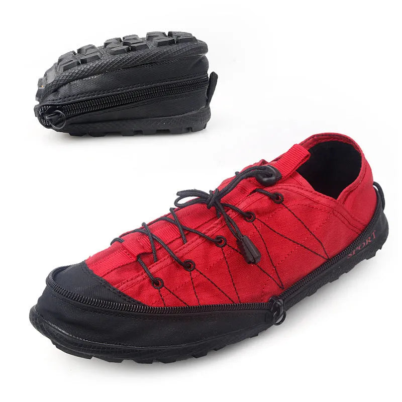 Portable folding outdoor shoes in orange colour with mesh upper and side zipper, shown folded and unfolded.