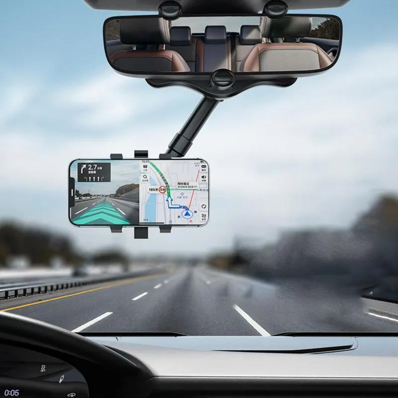 Black rearview mirror phone holder with 360-degree rotation mounted on car mirror holding mobile phone