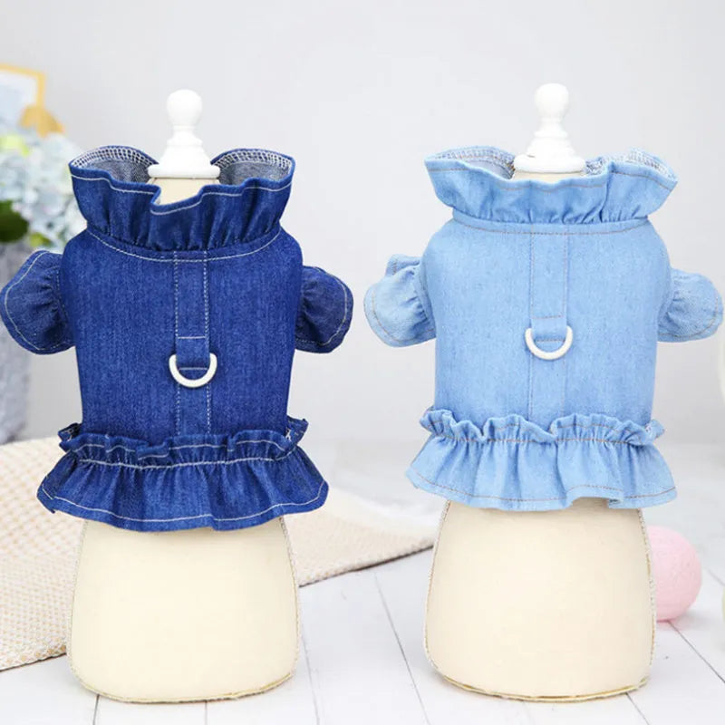 Dark blue denim dog dress with ruffles vest design and leash hook attachment for small canine