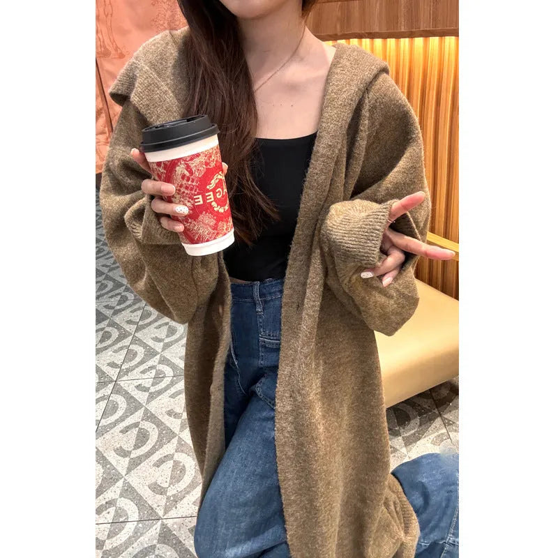 Women's Korean style hooded long knitted cardigan below knee length loose fit