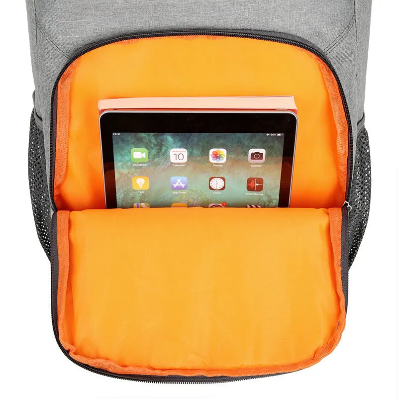 Outdoor thermal picnic backpack with curved shoulder straps in Oxford cloth construction.