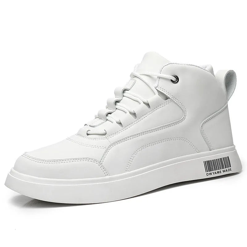Men's white mid-top casual board shoes with lace-up front and round toe on a rubber sole.