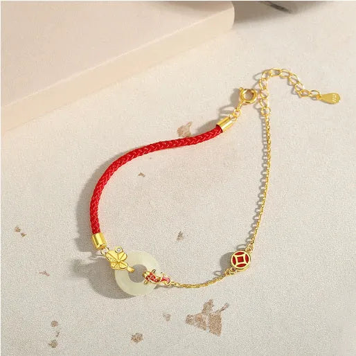 Women's gold electroplated 925 silver bracelet with red rope, koi and peace bucket charms, zodiac animal design