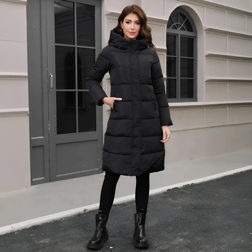 Black hooded slim fit jacket with long sleeves and cold-resistant thickened design