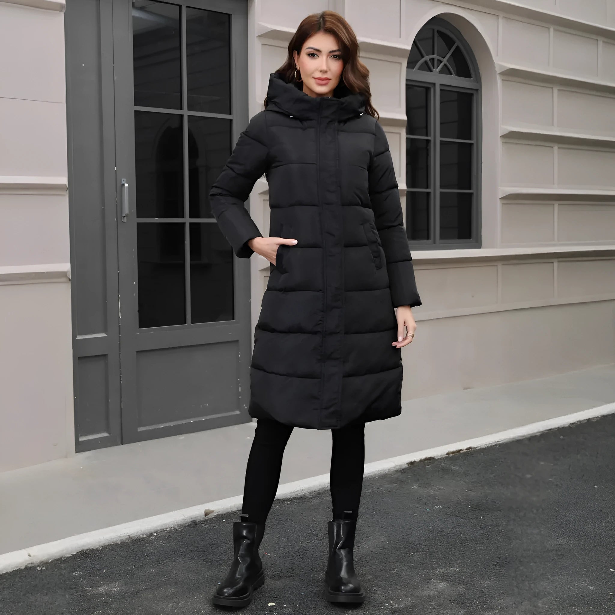 Black hooded slim fit jacket with long sleeves and cold-resistant thickened design