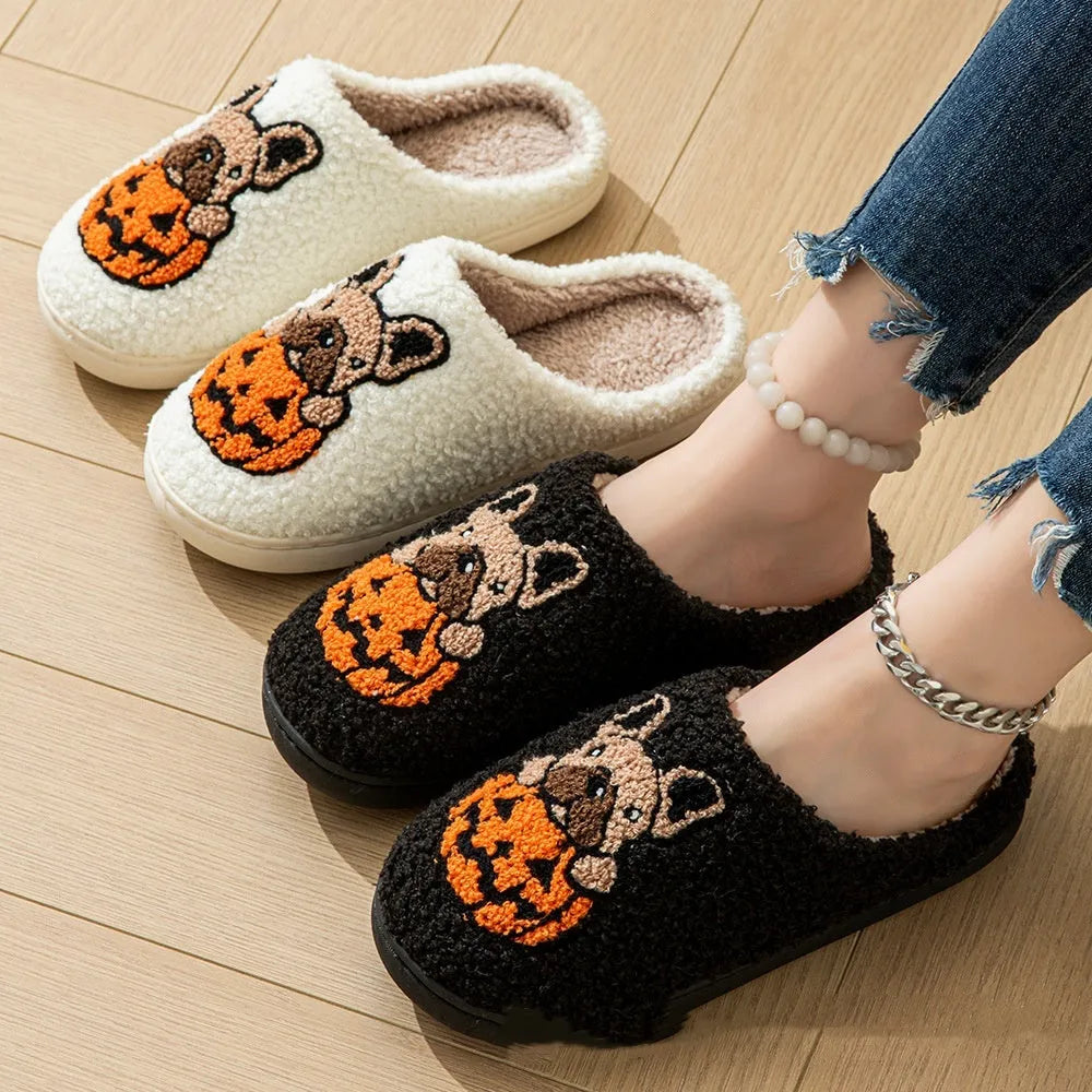 Halloween pumpkin pattern plush slippers with TPR rubber soles in black and white colour options