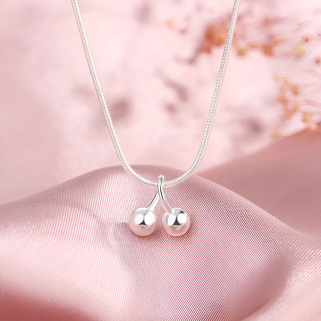 S925 silver cherry pendant necklace with adjustable snake bones chain for women