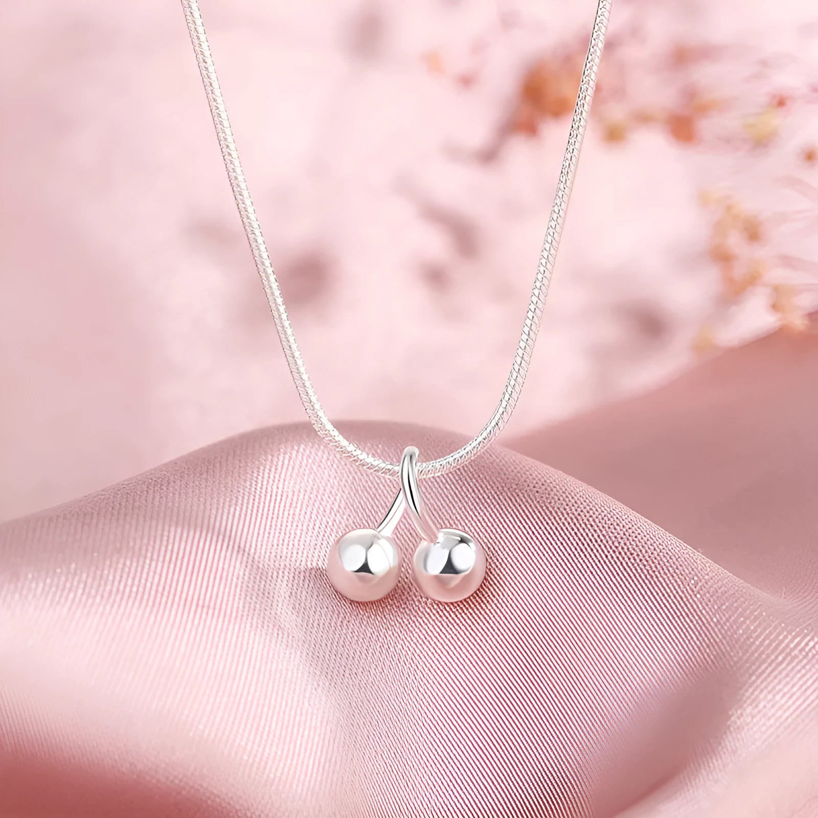 S925 silver cherry pendant necklace with adjustable snake bones chain for women