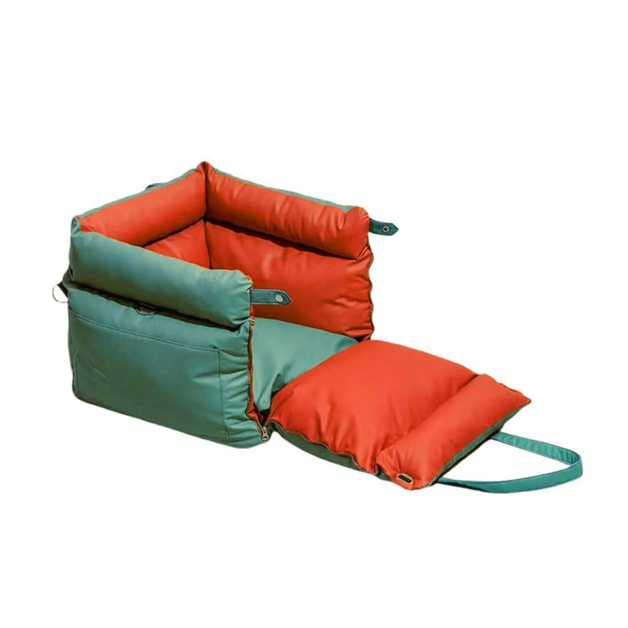 Green waterproof PU dog bed nest with removable cover showing 55x50x45cm dimensions