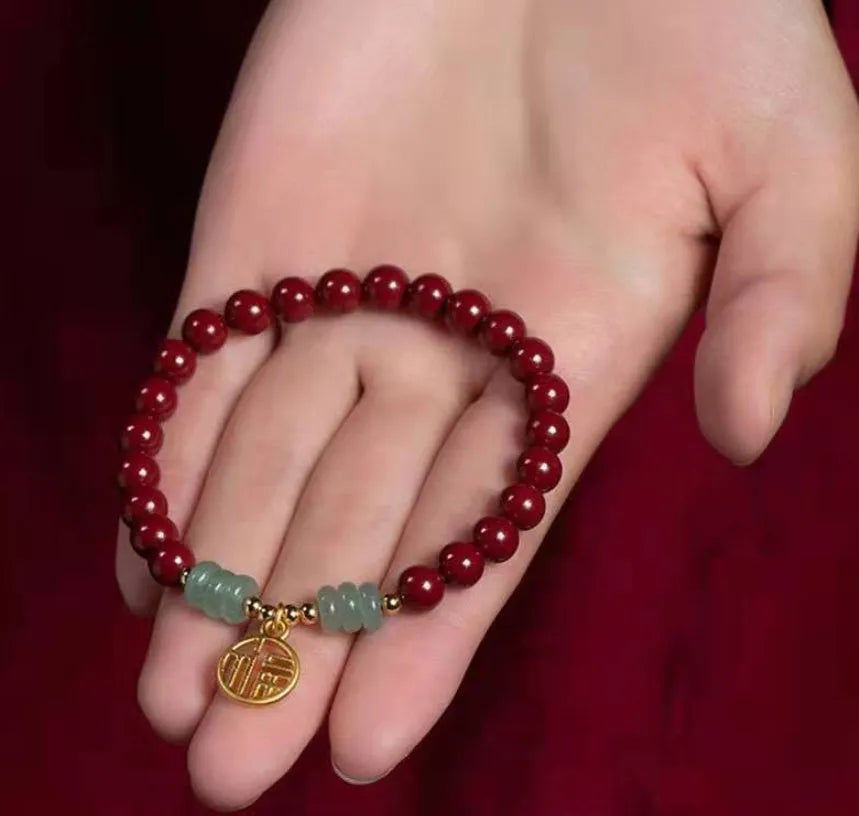 Women's wave-shaped cinnabar and copper bracelet in national style design