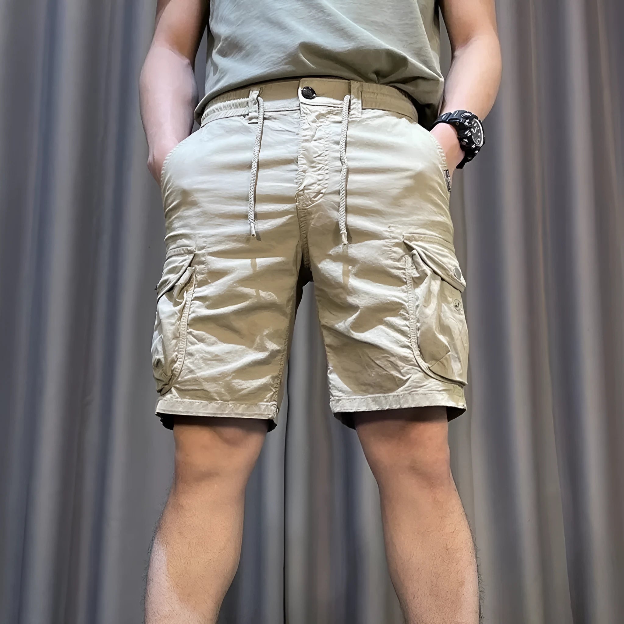 Men's loose straight-leg casual overalls with multiple pockets in khaki colour showing front and side views