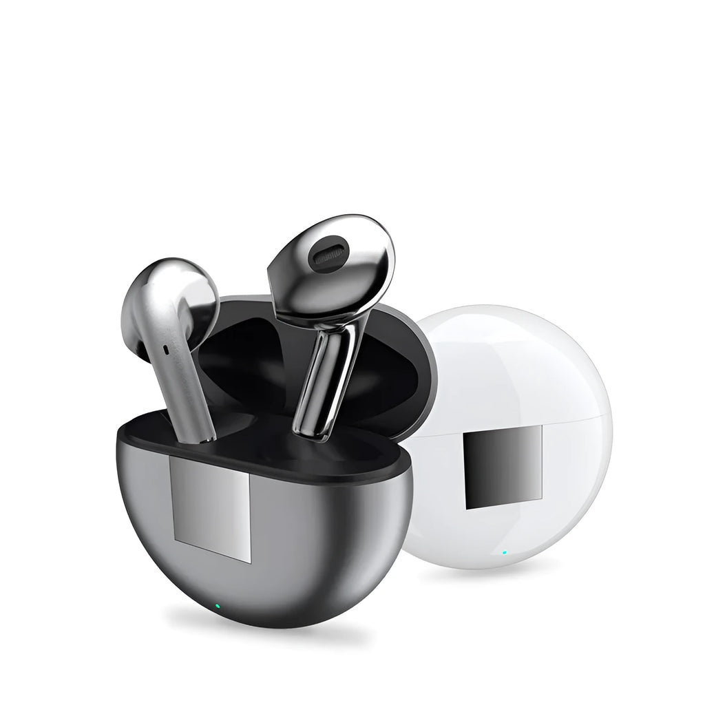 White Wireless Budz5 Bluetooth earbuds with their charging case on a table.