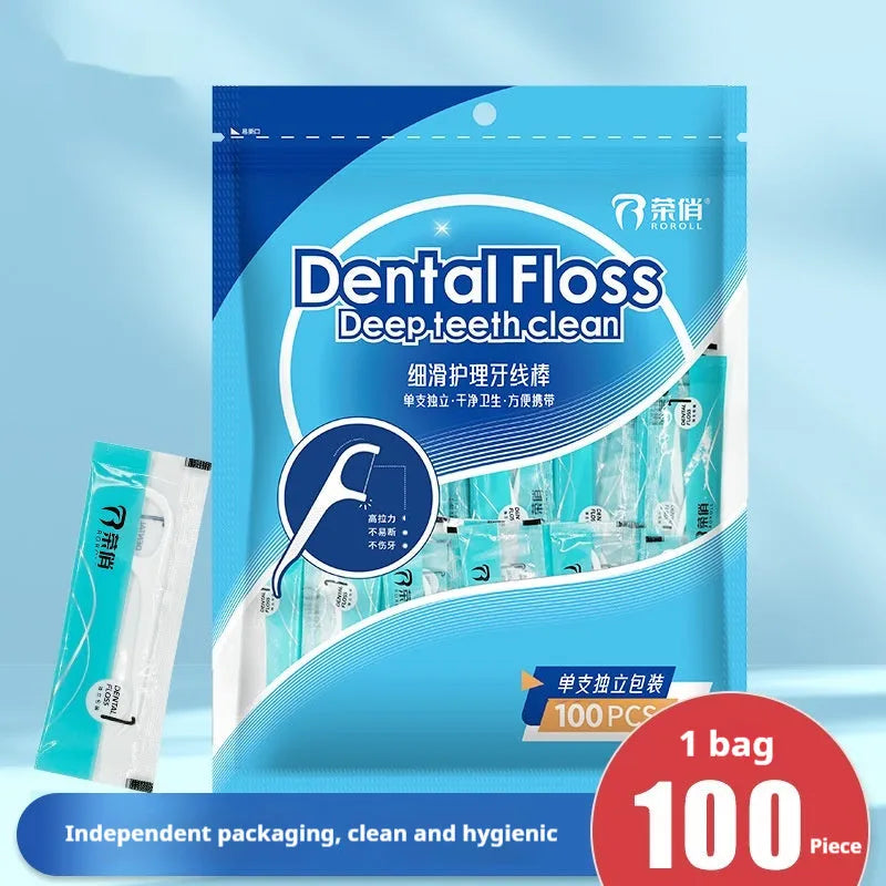 Disposable dental floss packets in independent plastic packaging with portable bag