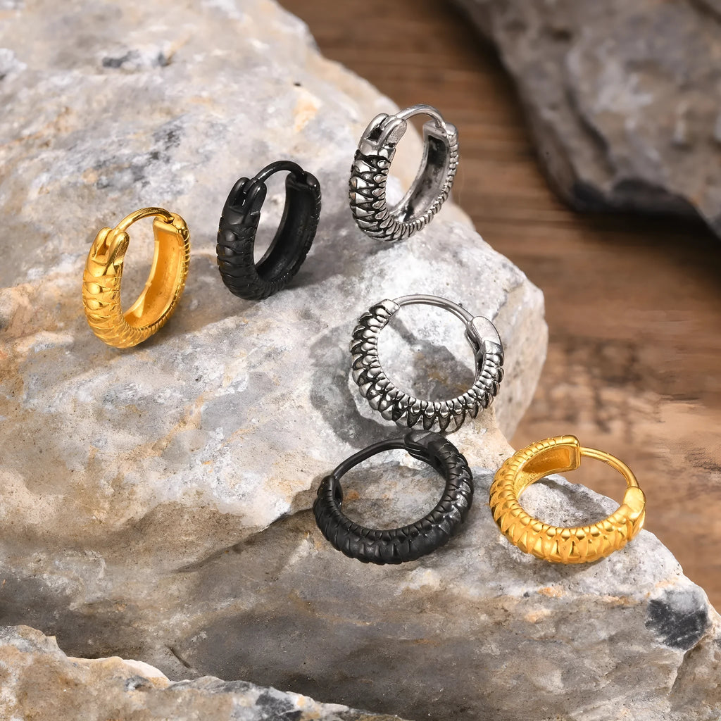 Stainless steel snake pattern hip hop earrings in black or gold single colour finish