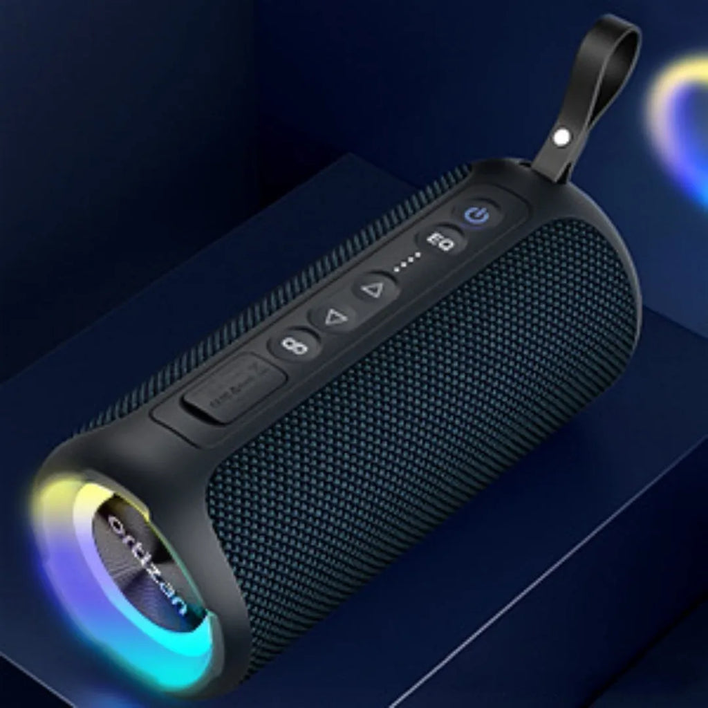 Black and blue fabric wireless Bluetooth speaker with luminous lighting effects