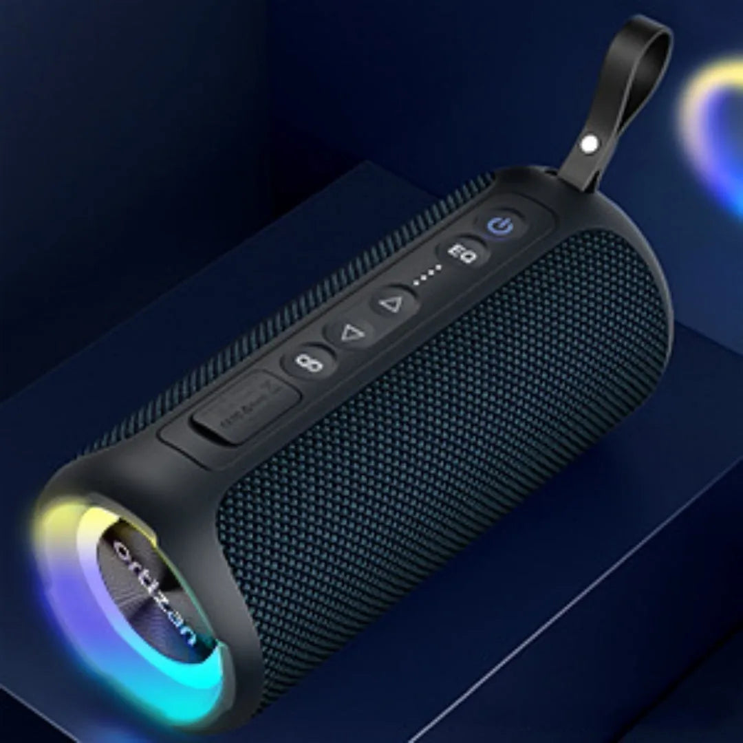 Black and blue fabric wireless Bluetooth speaker with luminous lighting effects