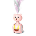 Pink and blue cat interactive toy with feather wand and rolling ball on wooden floor