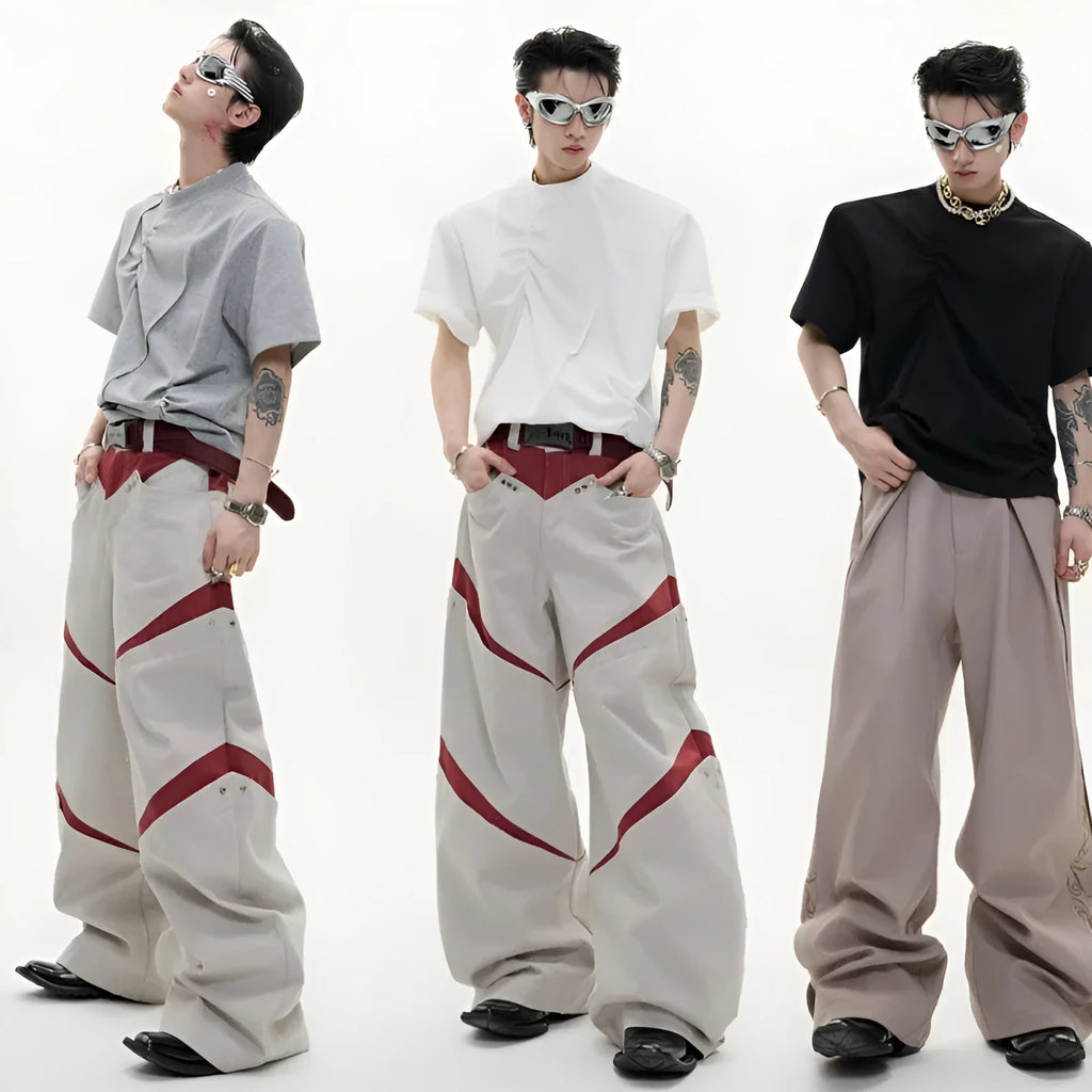 Men's cotton loose fit T-shirt with three-dimensional pleated detail and asymmetric stitching