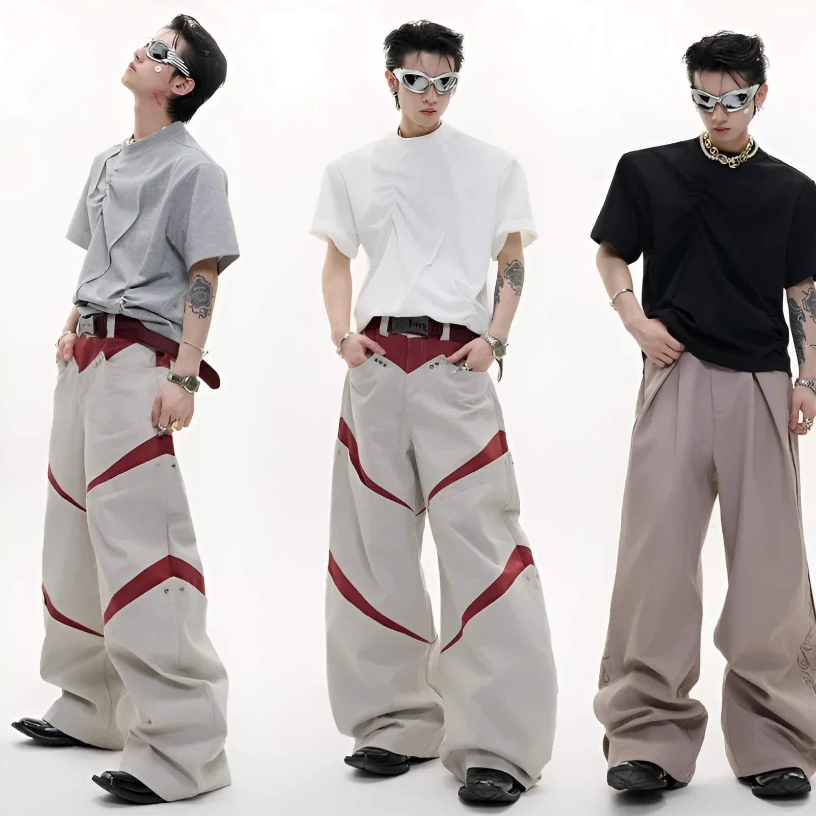 Men's cotton loose fit T-shirt with three-dimensional pleated detail and asymmetric stitching