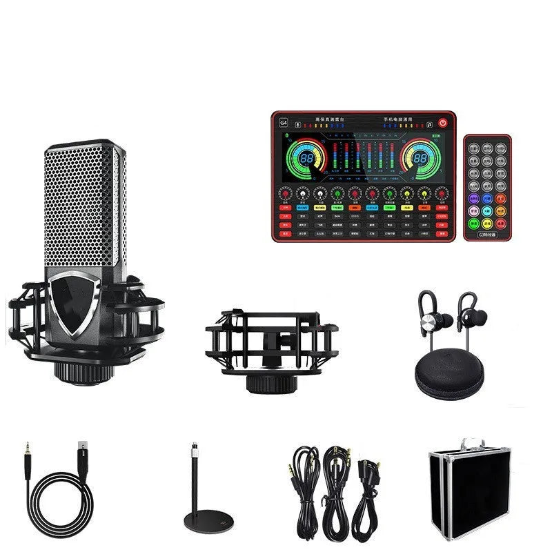 G4 professional USB sound card with LCD display, microphone, remote control and audio cables on a desk