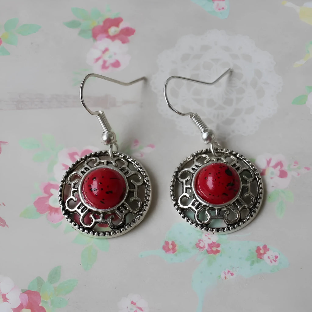 Miao silver retro turquoise flower disk earrings with geometric ethnic patterns