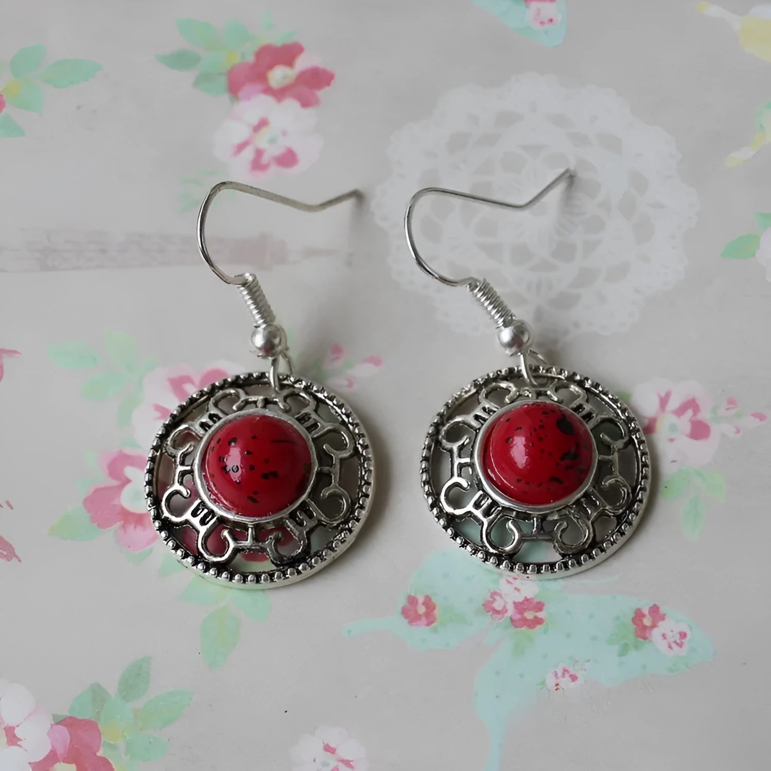 Miao silver retro turquoise flower disk earrings with geometric ethnic patterns
