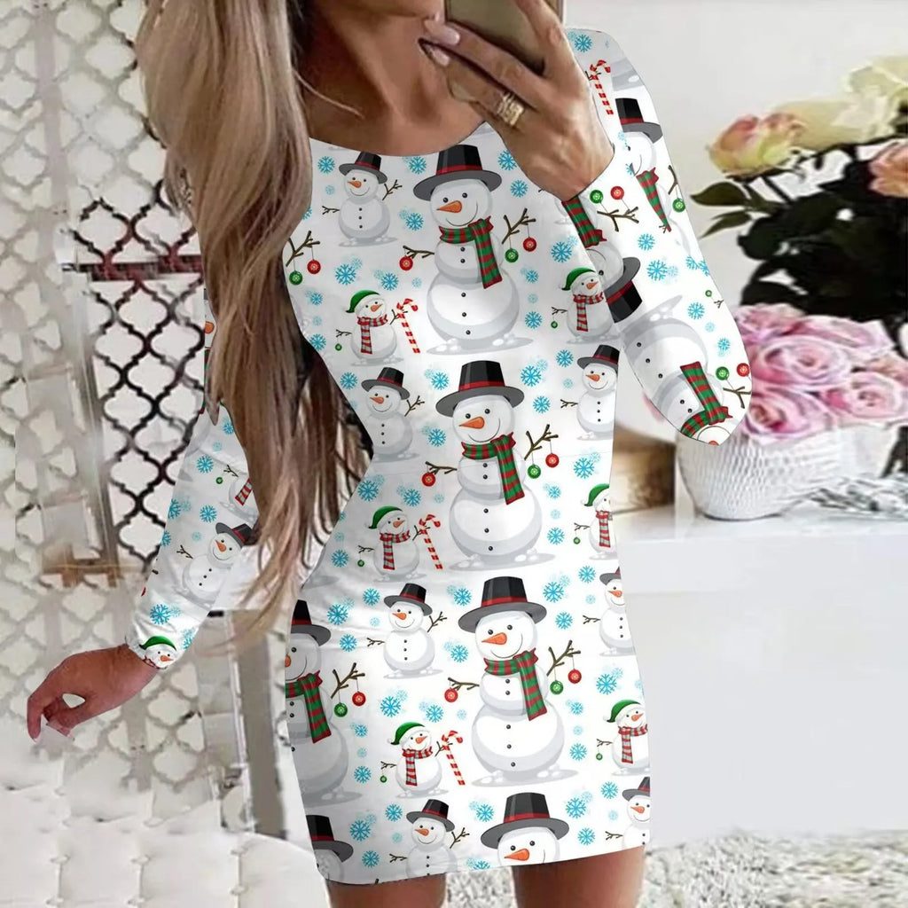 Women's tight-fitting Christmas long sleeve dress with floral animal print, round neck, and short hip skirt.