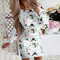 Women's tight-fitting Christmas long sleeve dress with floral animal print, round neck, and short hip skirt.