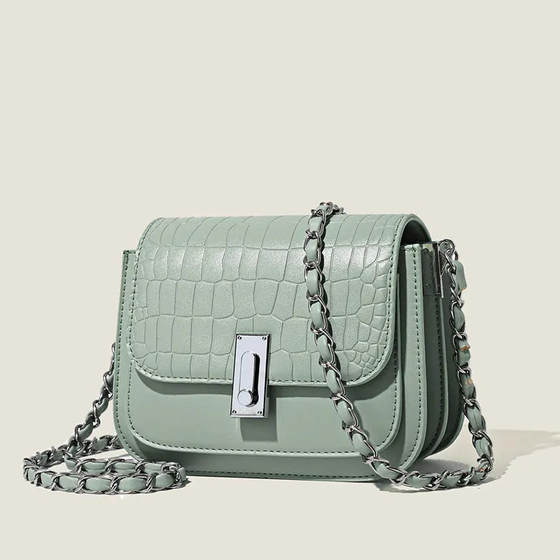 Women's soft PU leather chain shoulder bag in horizontal square shape with mobile phone pocket