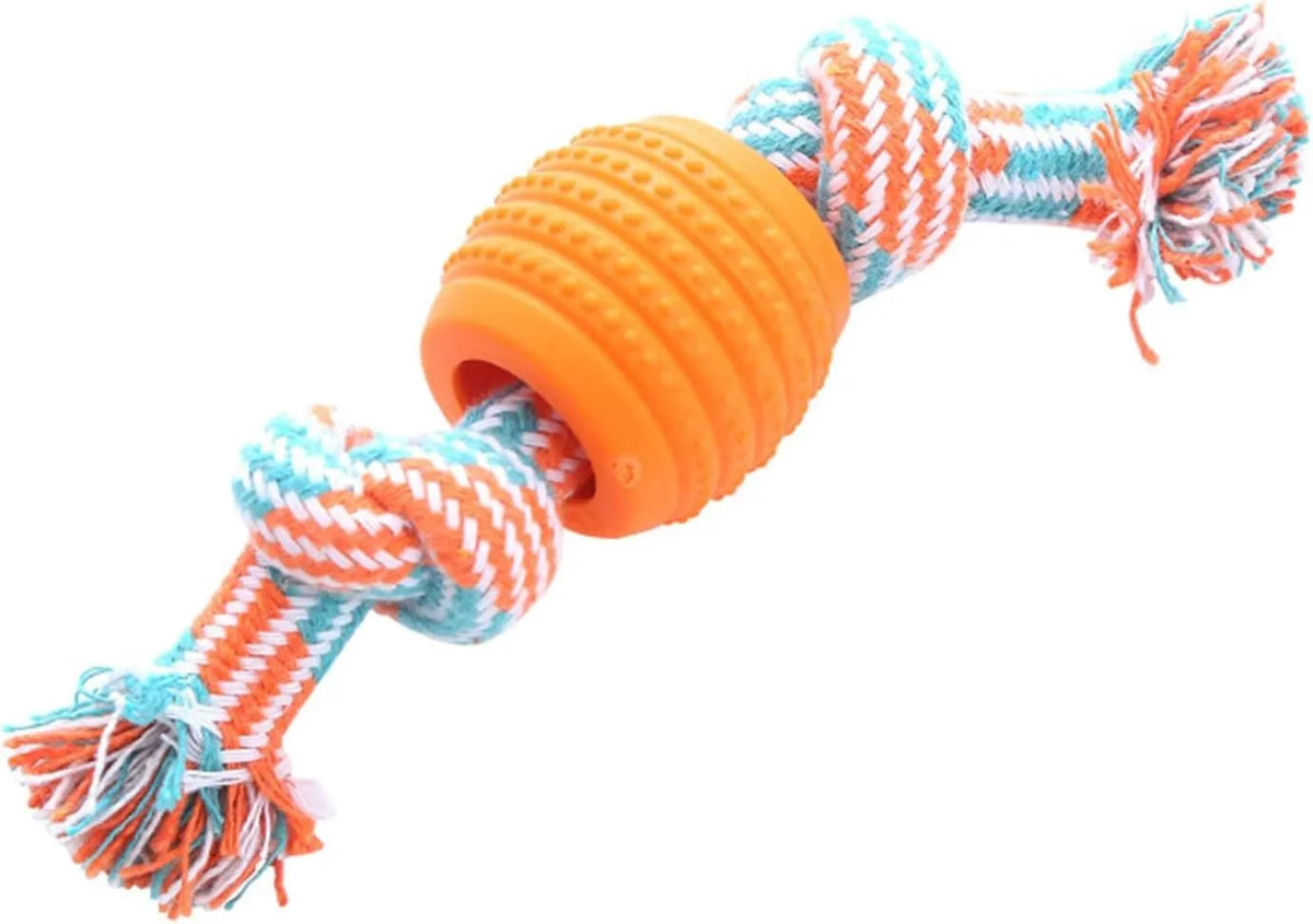 Blue dog chew toy with rope elements for dental cleaning and oral health