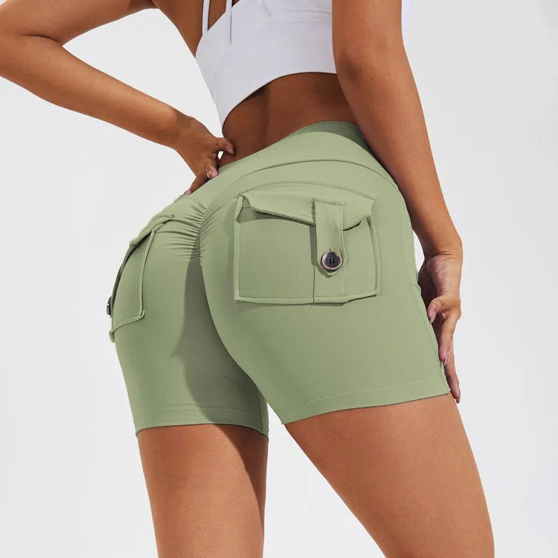 Women's high waist hip lifting shorts with pockets in various colours for fitness activities