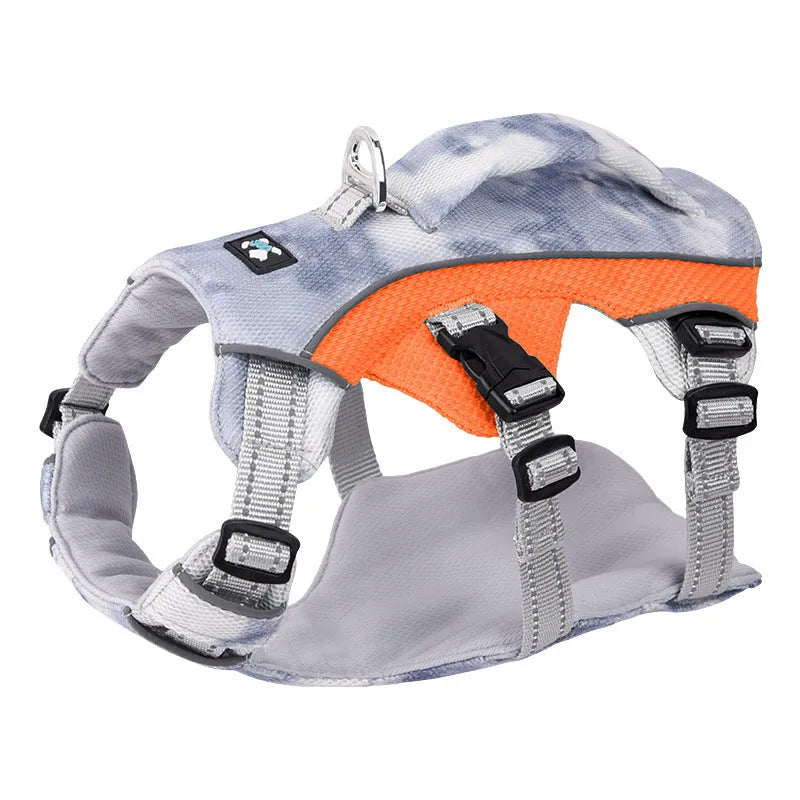 Reflective light blue pet cooling chest strap shown on a dog model