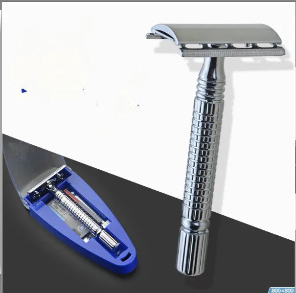Chrome-plated double-edged safety razor with brass handle and storage box