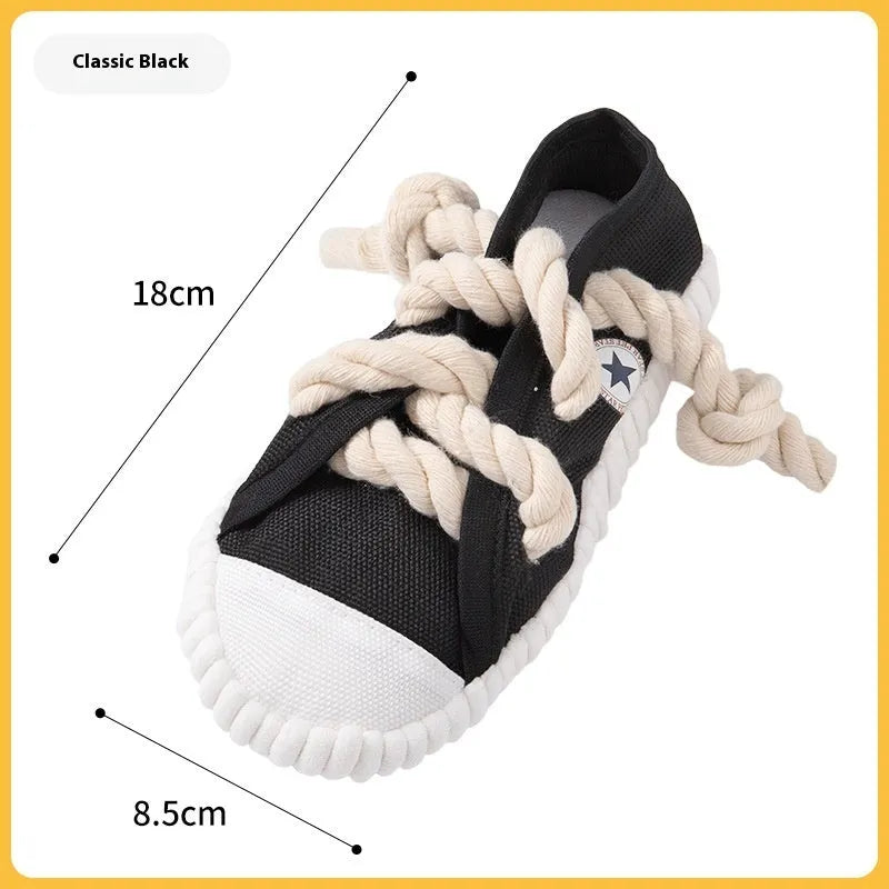 Squeaky plastic dog slipper chew toy in rock yellow, black and sea fog blue colours