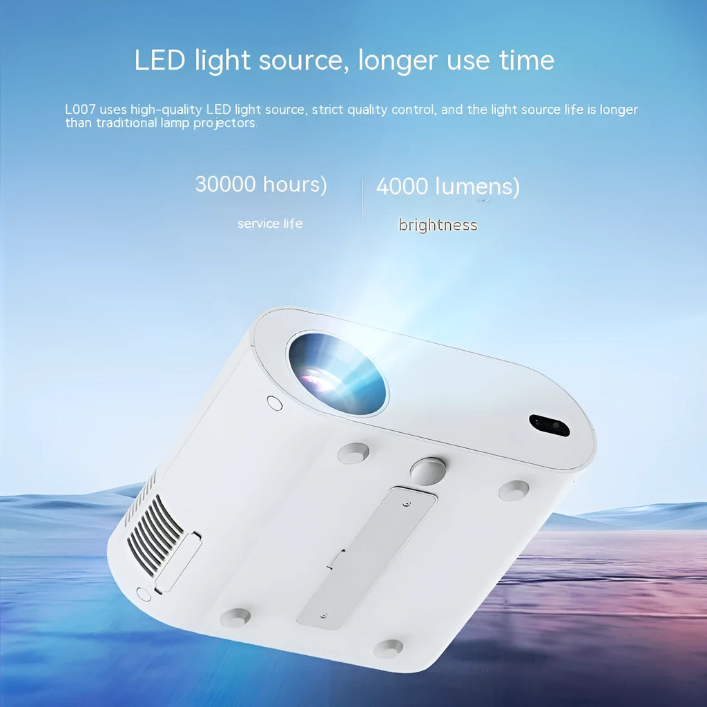 White Full HD smart projector with remote control on dark surface