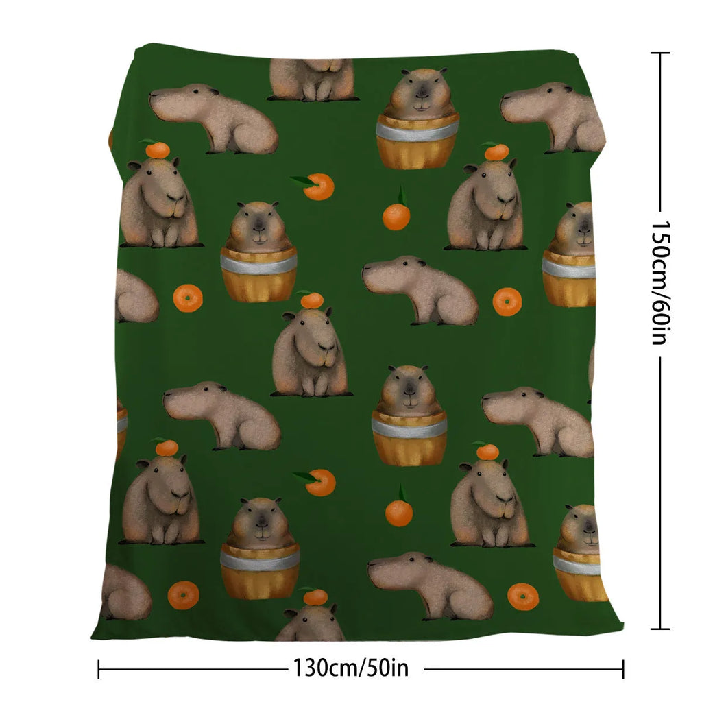 Flannel fleece blanket with orange capybara print, soft fluffy throw in three sizes with hemmed edges.